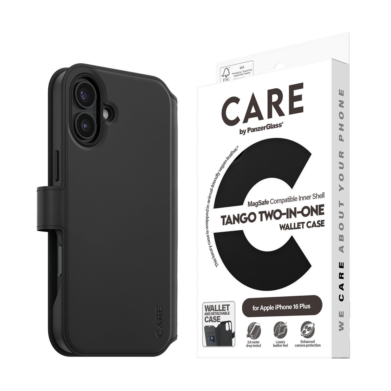 CARE BY PANZERGLASS® Wallet Case voor Apple iPhone 16 Plus Luxe lederachtig gevoel, RFID-blokkering, slanke duurzame portemonnee en case in één, verbeterde camerabescherming