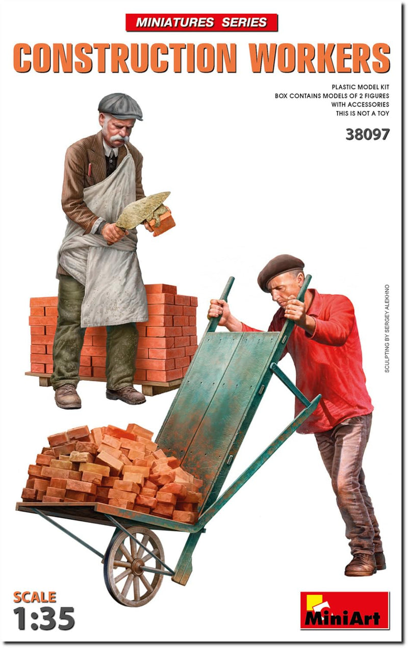 MiniArt 38097 1:35 1:35 - Set di figure per lavoratori edili con accessori (2) – replica fedele all'originale, modellismo, kit di costruzione in plastica, fai da te, hobby, incollaggio, modellismo