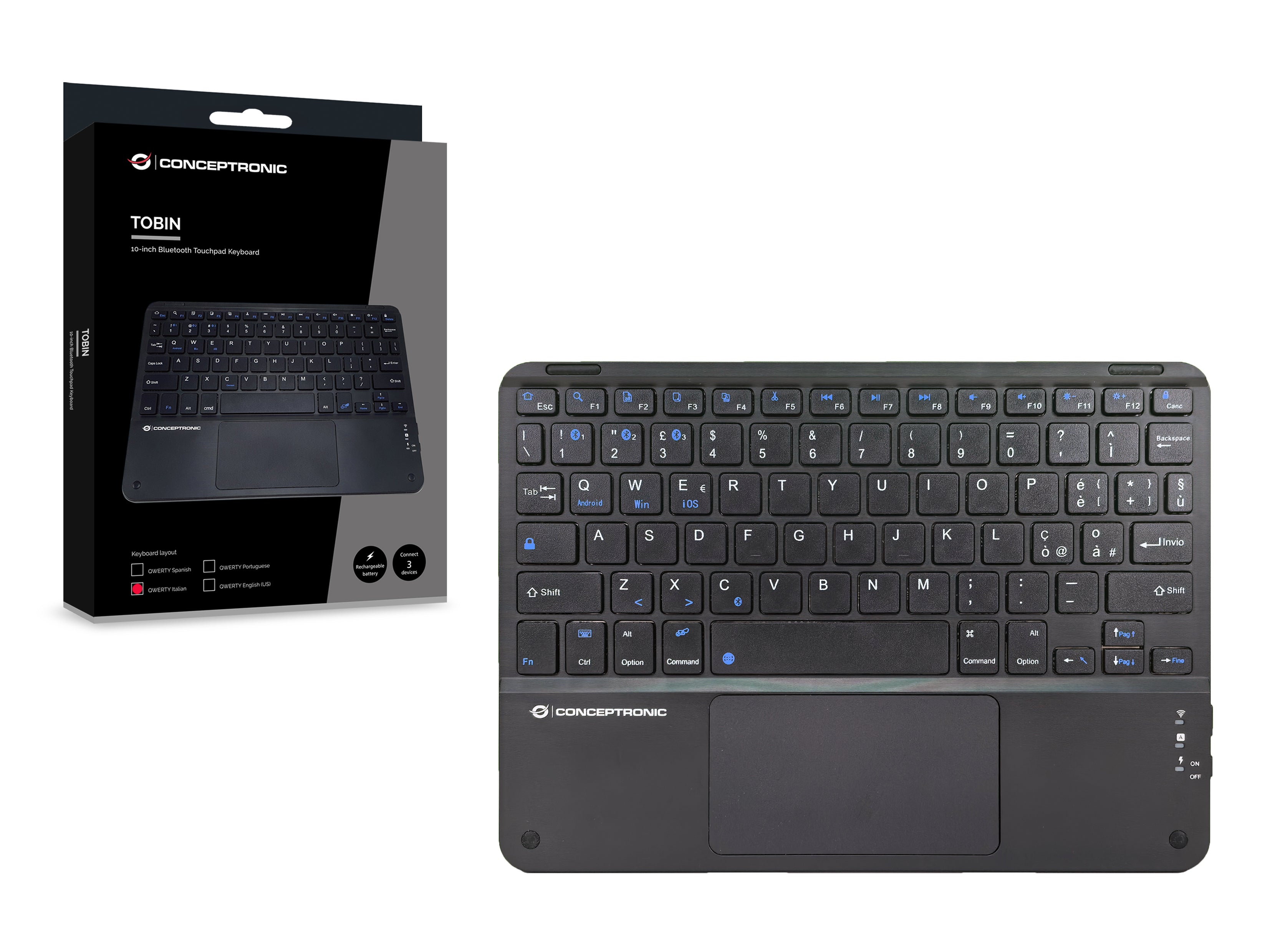 Conceptronic TOBIN01BIT 10-inch Bluetooth Touchpad Keyboard, QWERTY Italian