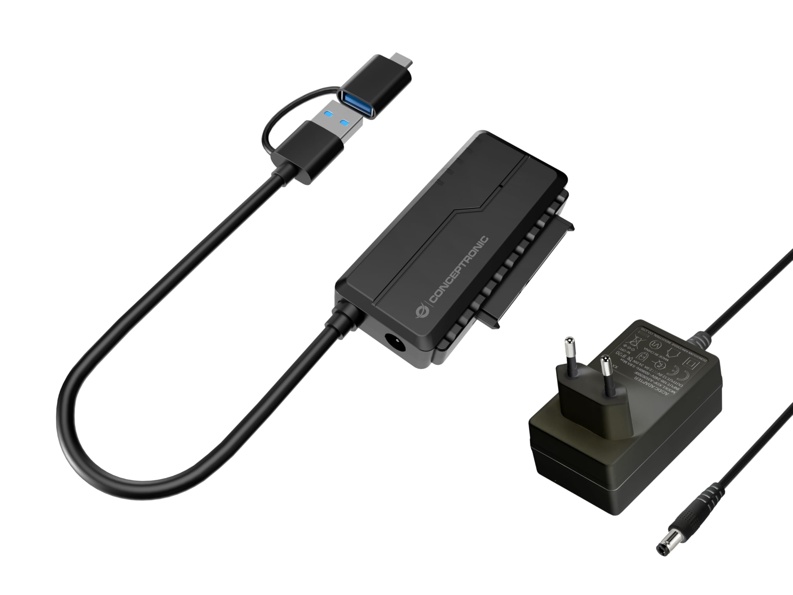 Conceptronic ABBY21B USB 3.0 SATA Adapter with Power Adapter, 2.5"/3.5" SATA HDD/SSD, 2-in-1 USB C/A Cable