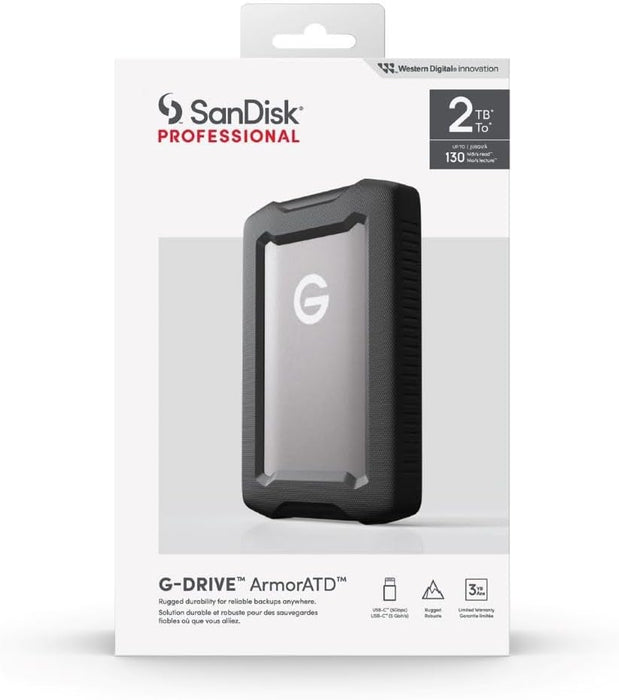 SanDisk Professional 2 To G-DRIVE ArmorATD, HDD portable USB-C (5Gbps), USB 3.2 Gen 1, Thunderbolt 3, jusqu'à 130 MB/s, résistant à la poussière, aux chutes, aux chocs et à l'eau
