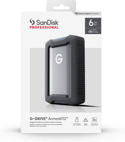 SanDisk Professional 6TB G-DRIVE ArmorATD, Dust, Drop, Shock and Water resistant, portable rugged external HDD, Up to 130MB/s, USB-C (5Gbps), USB 3.2 Gen 1, Thunderbolt 3