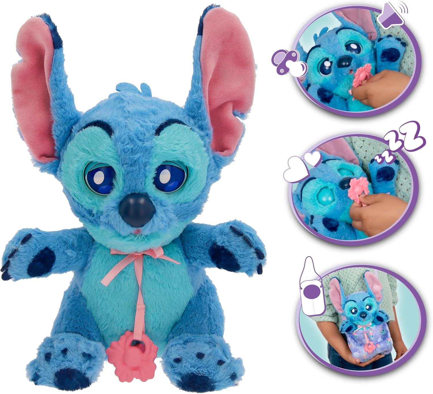 BABY PAWS Stitch Interactief pluche dier voor kinderen met geluiden die de ogen openen en sluiten, inclusief opbergtas, speelgoed voor kinderen vanaf 3 jaar