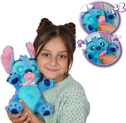 BABY PAWS Stitch Interactief pluche dier voor kinderen met geluiden die de ogen openen en sluiten, inclusief opbergtas, speelgoed voor kinderen vanaf 3 jaar
