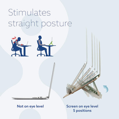 R-Go Tools Ergonomic Laptop Stand, Ultra-thin Aluminum, Adjustable Portable Notebook riser for desk, Compatible with 10-22" MacBook/Air Pro/Dell XPS/Lenovo, Support up to 11ibs, Silver