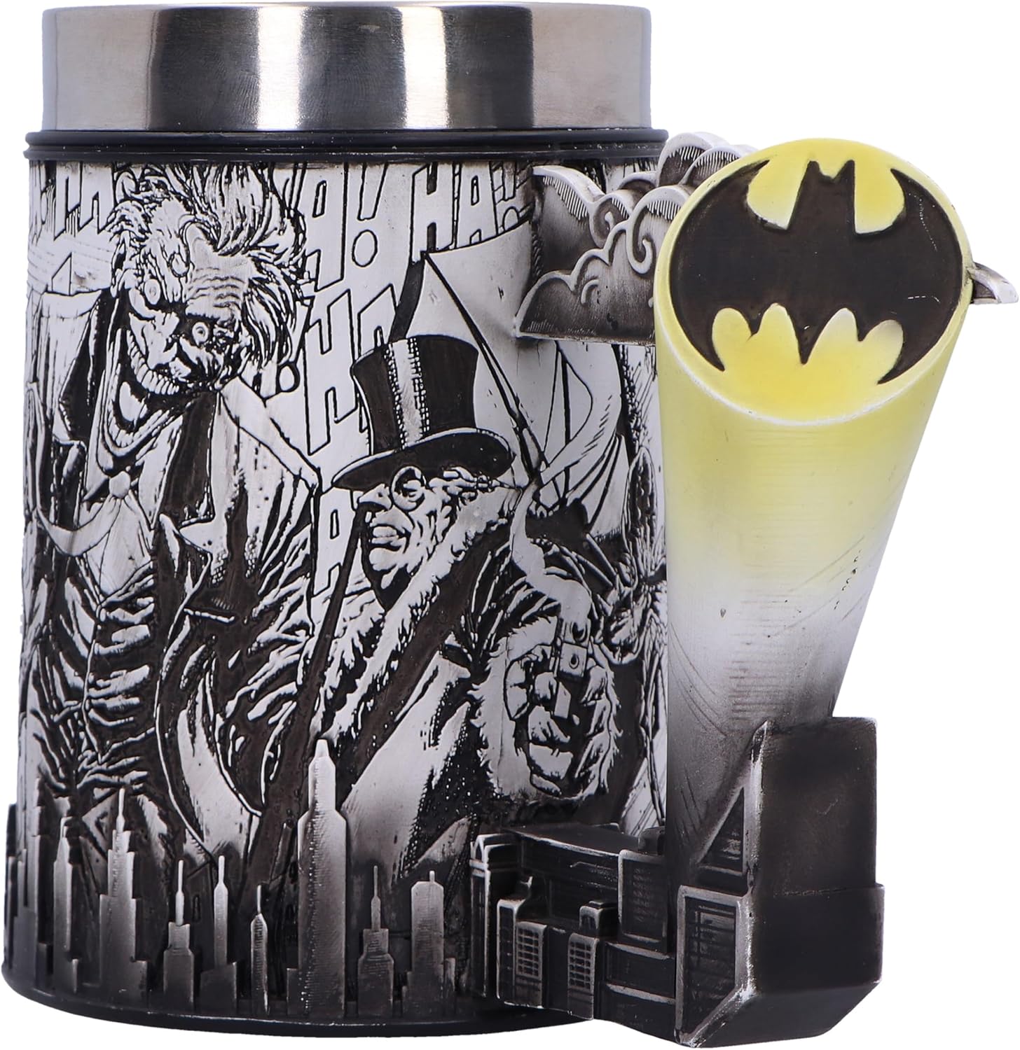 Nemesis Now Batman Super Villains - Jarra de cerveza con diseño de cómic, resina, color negro, taza de cerveza oficial de DC Batman, inserto extraíble de acero inoxidable, fundido en la mejor resina