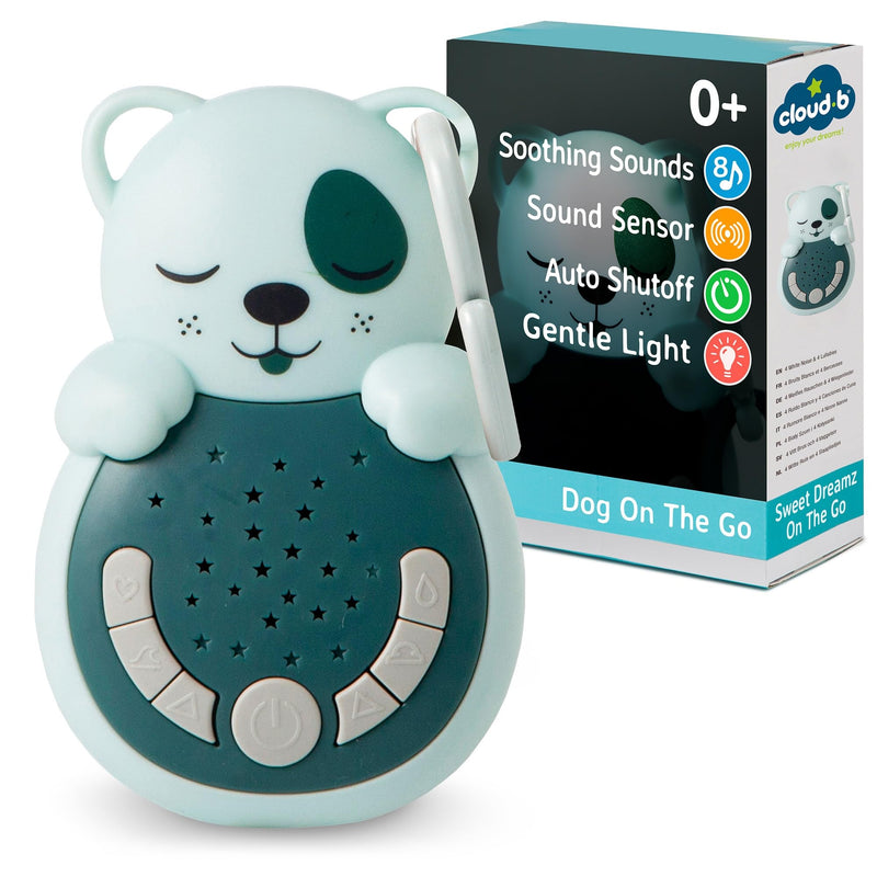 Cloud b Travel Comfort Sound Machine w/Calming Light | 4 White Noise and 4 Lullabies | Re-Activating Smart Sensor | Sweet Dreamz Dog