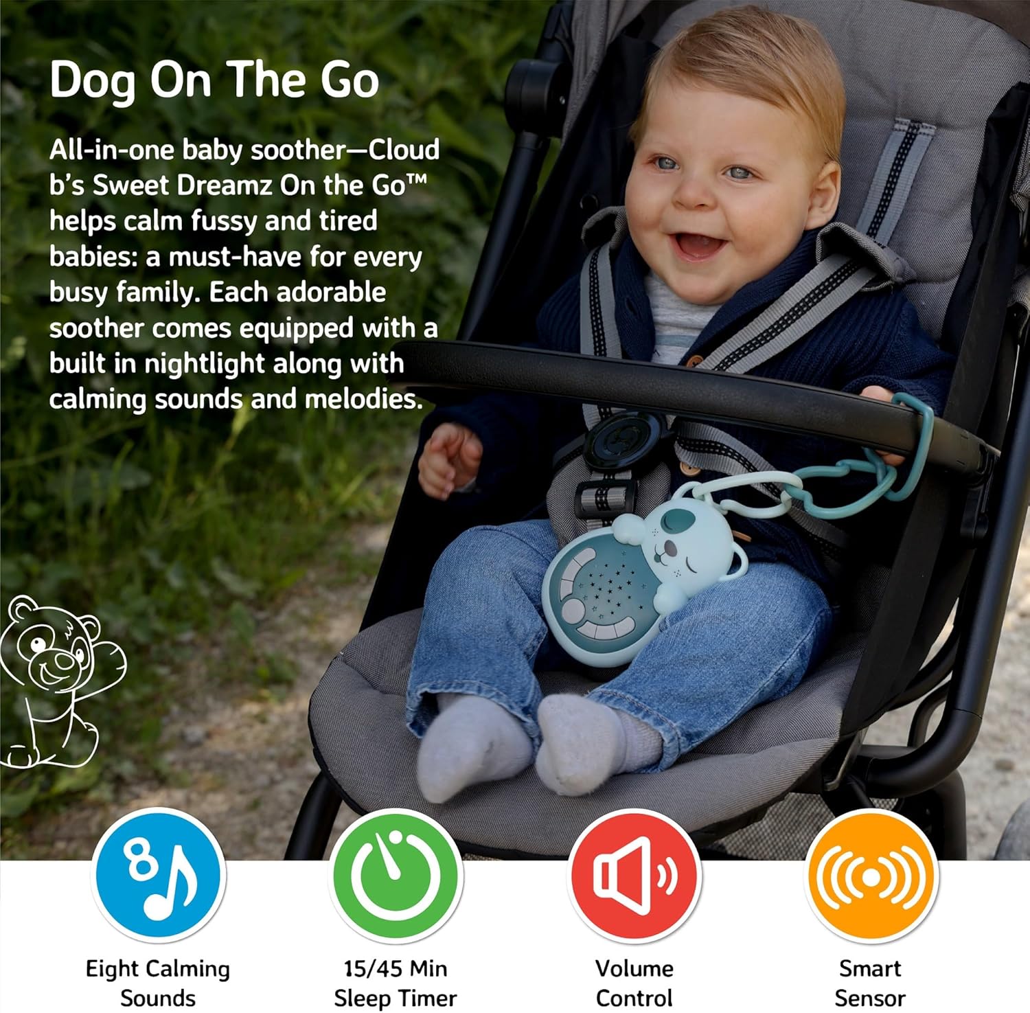 Cloud b Travel Comfort Sound Machine w/Calming Light | 4 White Noise and 4 Lullabies | Re-Activating Smart Sensor | Sweet Dreamz Dog