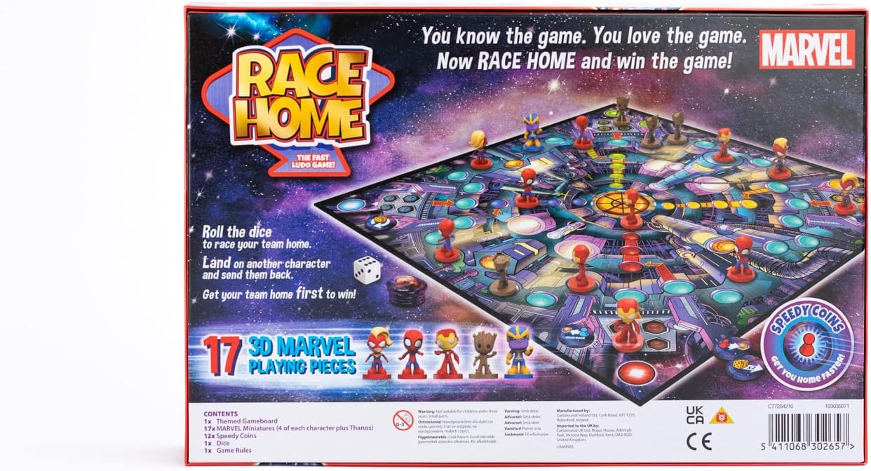 Marvel Race Home Board Game, The Fast Ludo Game! Includes 16x 3D Superheroes And 1x Thanos Playing Piece, Great Gift For Children Ages 6+