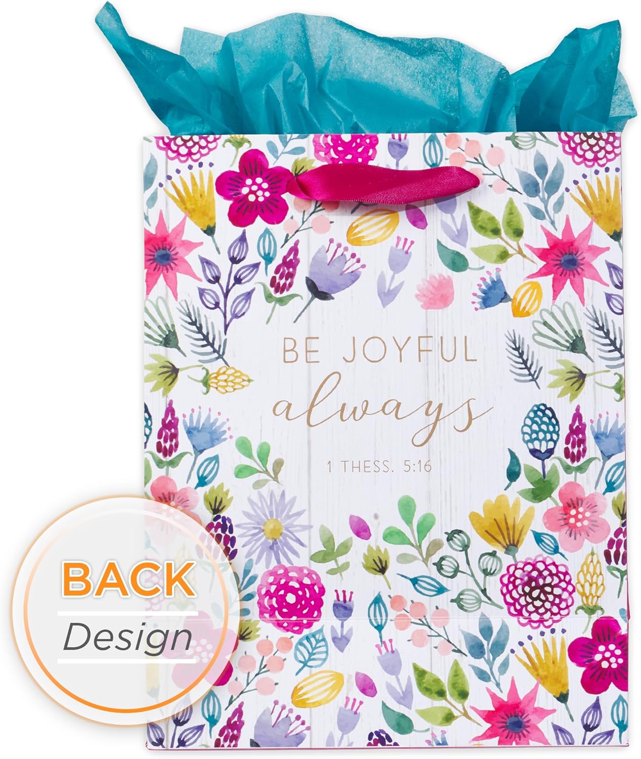 Christian Art Gifts Gift Bag/Tissue Paper Set Be Joyful Always 1 Thessalonians 5:16 Bible Verse, Pink/Purple Floral, Medium