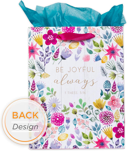 Christian Art Gifts Gift Bag/Tissue Paper Set Be Joyful Always 1 Thessalonians 5:16 Bible Verse, Pink/Purple Floral, Medium