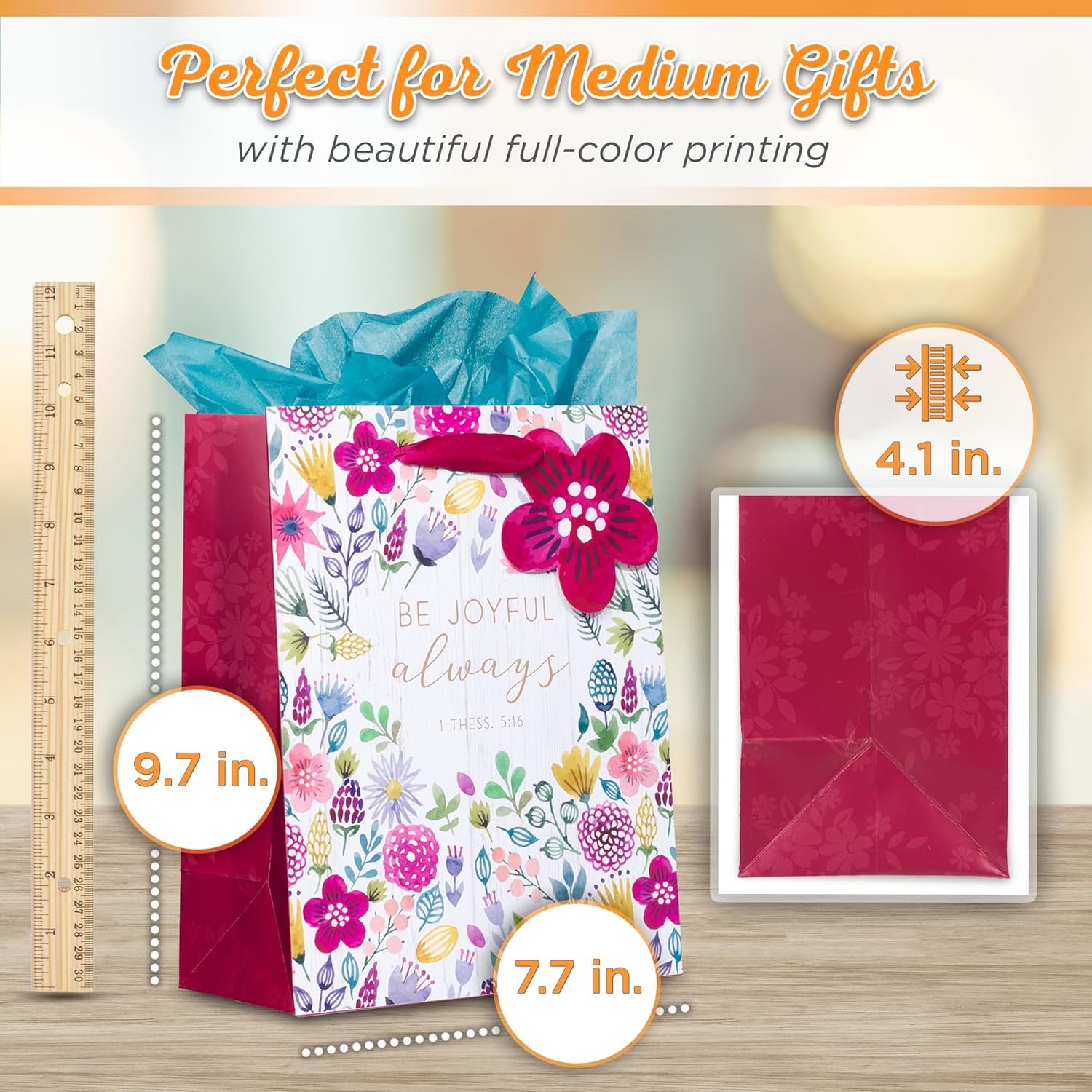 Christian Art Gifts Gift Bag/Tissue Paper Set Be Joyful Always 1 Thessalonians 5:16 Bible Verse, Pink/Purple Floral, Medium