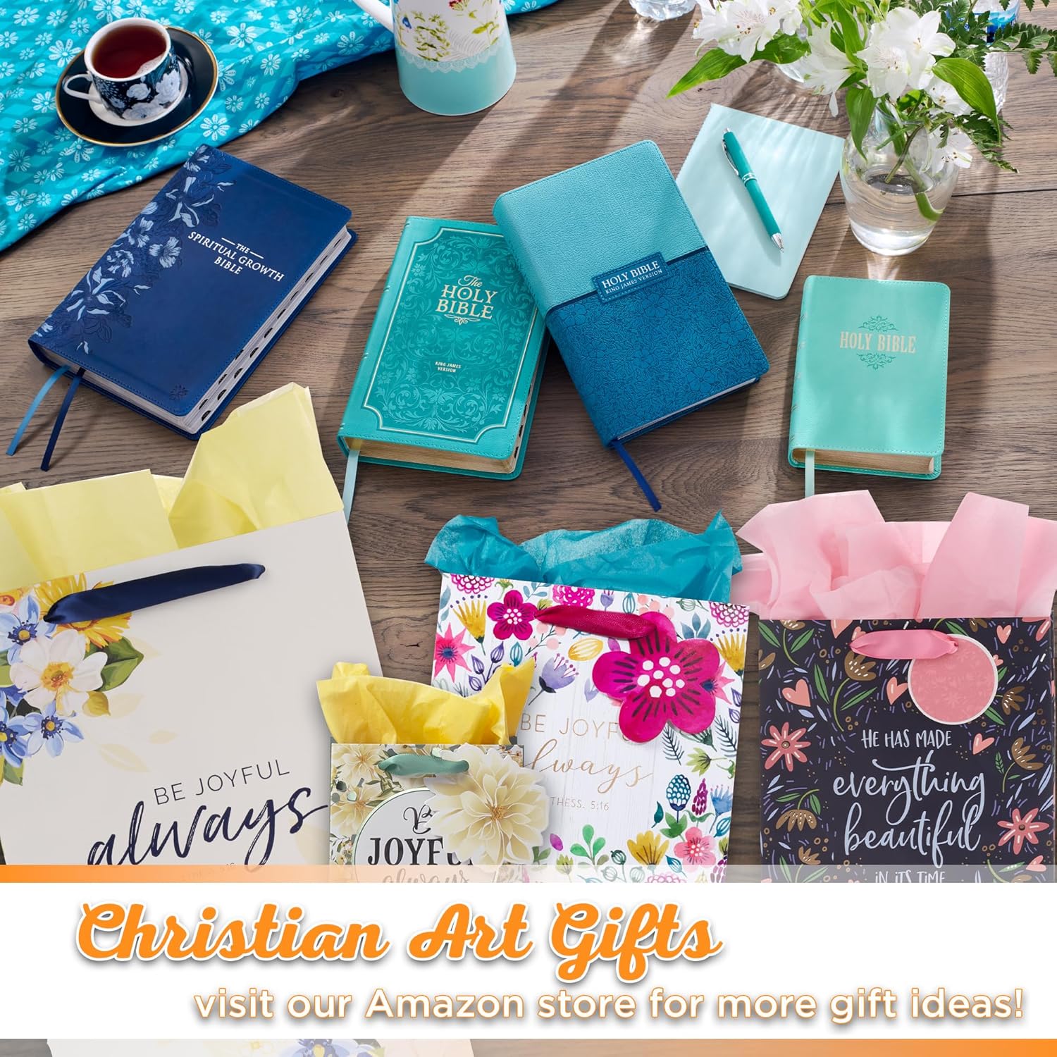 Christian Art Gifts Gift Bag/Tissue Paper Set Be Joyful Always 1 Thessalonians 5:16 Bible Verse, Pink/Purple Floral, Medium