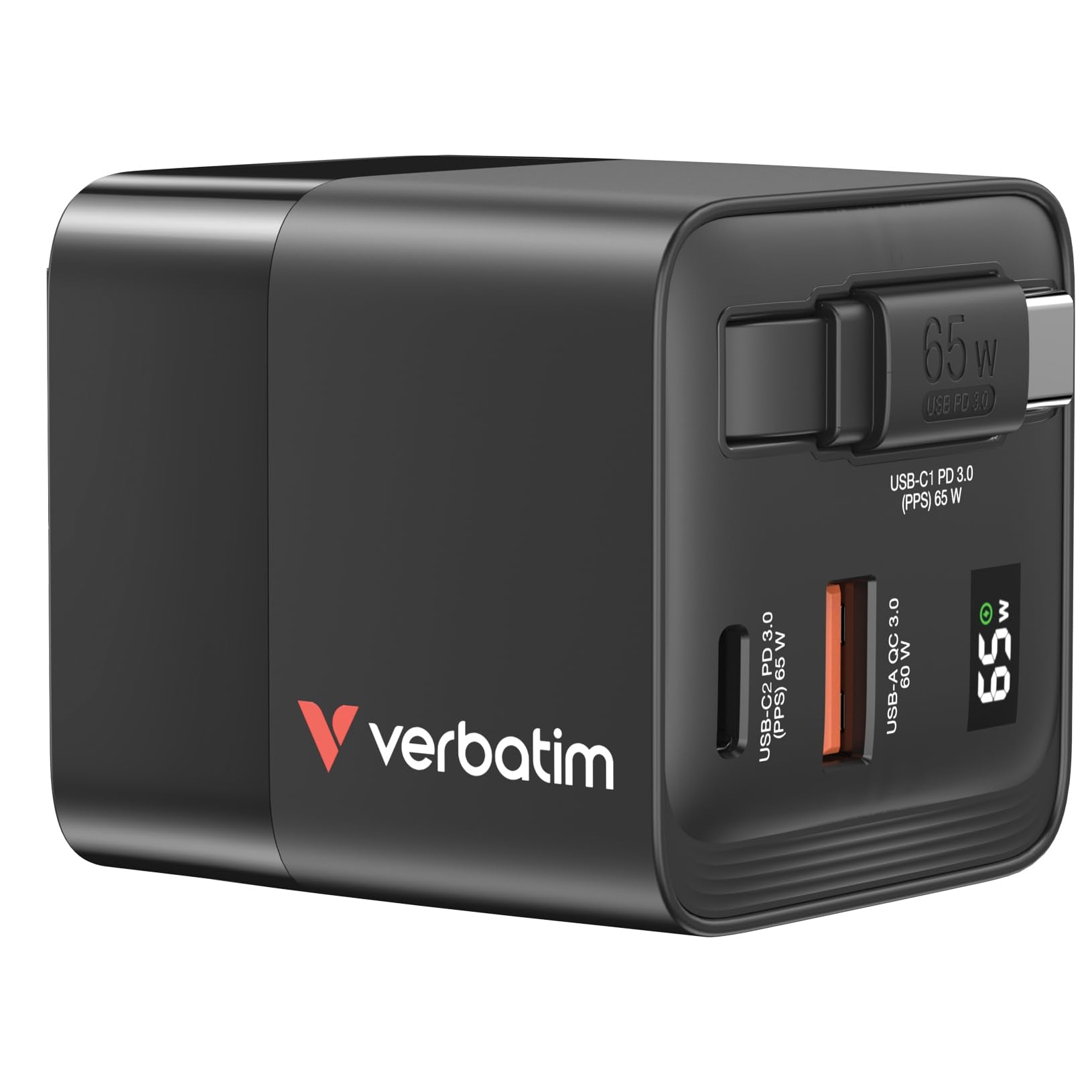 Verbatim GaN Charger 65W - Caricatore USB-C a 2 porte con cavo USB-C estraibile, adattatore USB-C e USB-A, caricatore rapido per Apple iPad, iPhone, Samsung & Co, adattatore da viaggio per EU, UK, USA