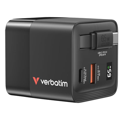 Verbatim GaN Charger 65W - Caricatore USB-C a 2 porte con cavo USB-C estraibile, adattatore USB-C e USB-A, caricatore rapido per Apple iPad, iPhone, Samsung & Co, adattatore da viaggio per EU, UK, USA