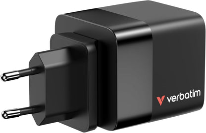Verbatim GaN Charger 65W - Caricatore USB-C a 2 porte con cavo USB-C estraibile, adattatore USB-C e USB-A, caricatore rapido per Apple iPad, iPhone, Samsung & Co, adattatore da viaggio per EU, UK, USA