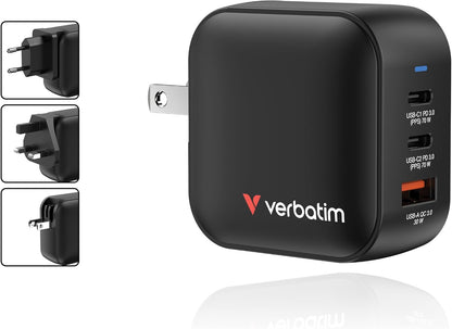 Verbatim Mini GaN Charger 70 W, 3 USB-C Ports Ladegerät, Power Adapter mit 2 x USB-C und 1 x USB-A, Schnellladegerät ALS Mehrfachstecker, für Apple iPad, iPhone, Samsung & Co, für EU, UK, USA
