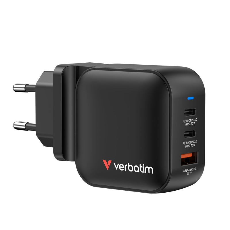Verbatim Mini GaN Charger 70 W, 3 USB-C Ports Ladegerät, Power Adapter mit 2 x USB-C und 1 x USB-A, Schnellladegerät ALS Mehrfachstecker, für Apple iPad, iPhone, Samsung & Co, für EU, UK, USA
