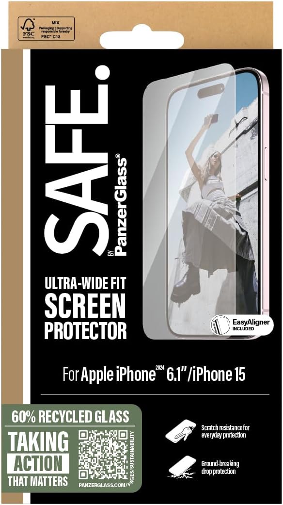 PanzerGlass Safe Ultra Wide Fit Screen Protector for Apple iPhone 16/15 / 14 Pro| Edge to Edge Tempered Glass, Drop/Scratch Protection, Anti-Fingerprint, Easy Install, Case Friendly - Clear