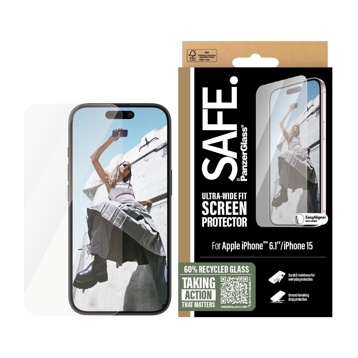 PanzerGlass Safe Ultra Wide Fit Screen Protector for Apple iPhone 16/15 / 14 Pro| Edge to Edge Tempered Glass, Drop/Scratch Protection, Anti-Fingerprint, Easy Install, Case Friendly - Clear