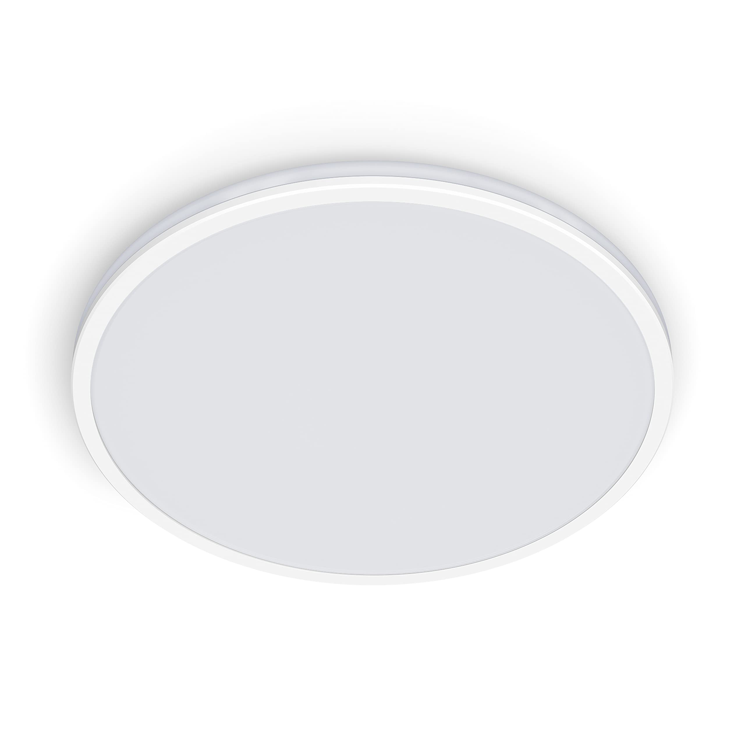 This sleek slim white ceiling light is designed to compliment any ceiling. The clean round lines of the main light are accented wi