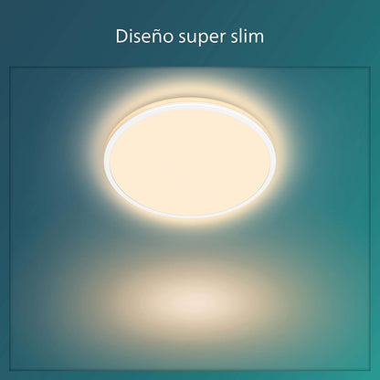 This sleek slim white ceiling light is designed to compliment any ceiling. The clean round lines of the main light are accented wi
