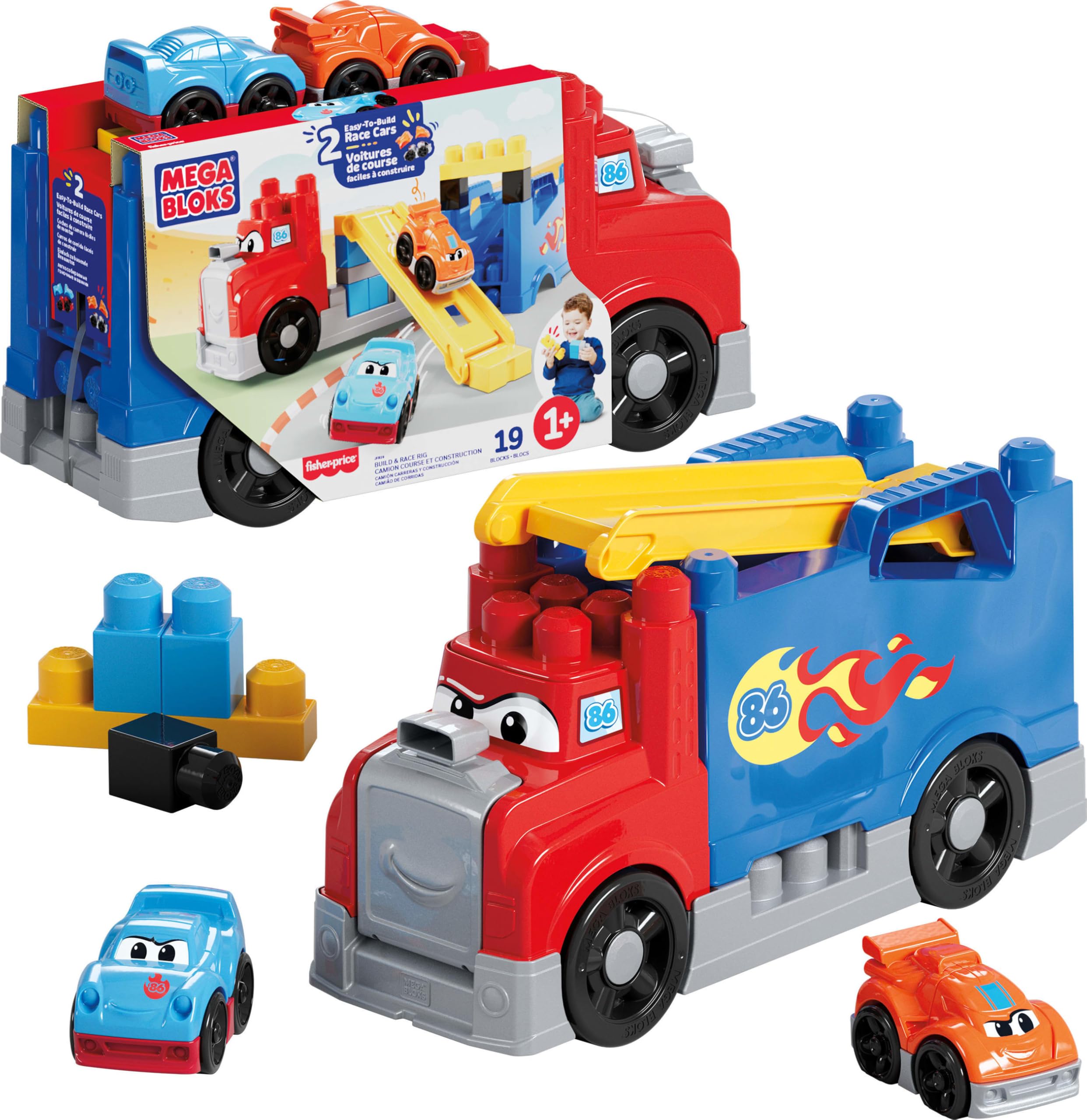 MEGA BLOKS First Builders Toddler Building Blocks Toy Set, Build & Race Rig with 19 Pieces, 2 Race Cars and Storage, Red, Ages 1+ Years, JFR29