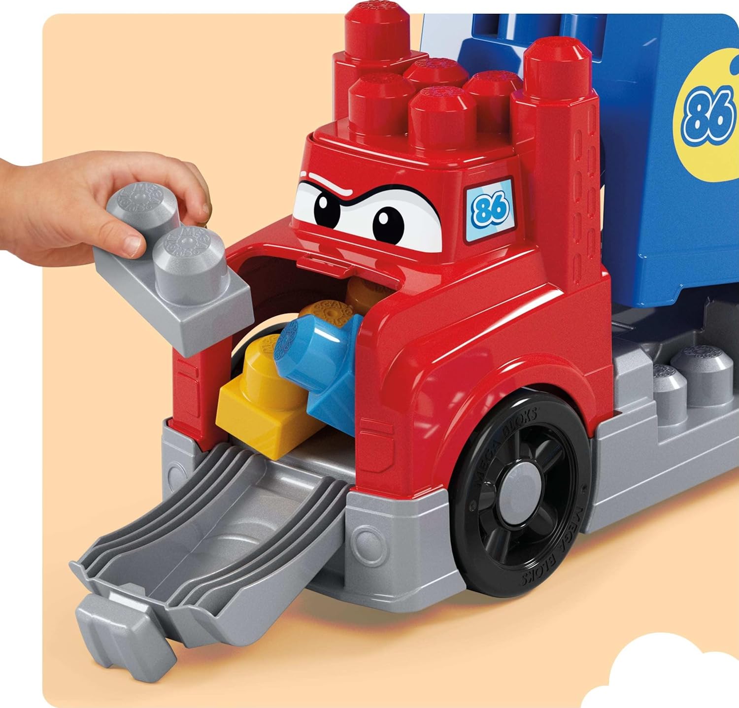 MEGA BLOKS First Builders Toddler Building Blocks Toy Set, Build & Race Rig with 19 Pieces, 2 Race Cars and Storage, Red, Ages 1+ Years, JFR29