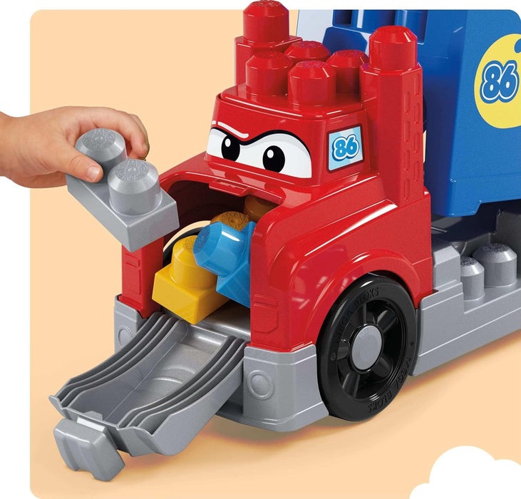 MEGA BLOKS First Builders Toddler Building Blocks Toy Set, Build & Race Rig with 19 Pieces, 2 Race Cars and Storage, Red, Ages 1+ Years, JFR29