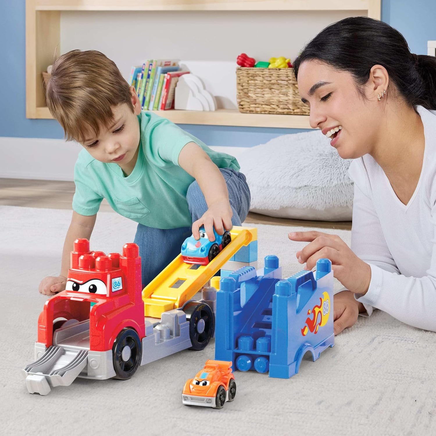 MEGA BLOKS First Builders Toddler Building Blocks Toy Set, Build & Race Rig with 19 Pieces, 2 Race Cars and Storage, Red, Ages 1+ Years, JFR29