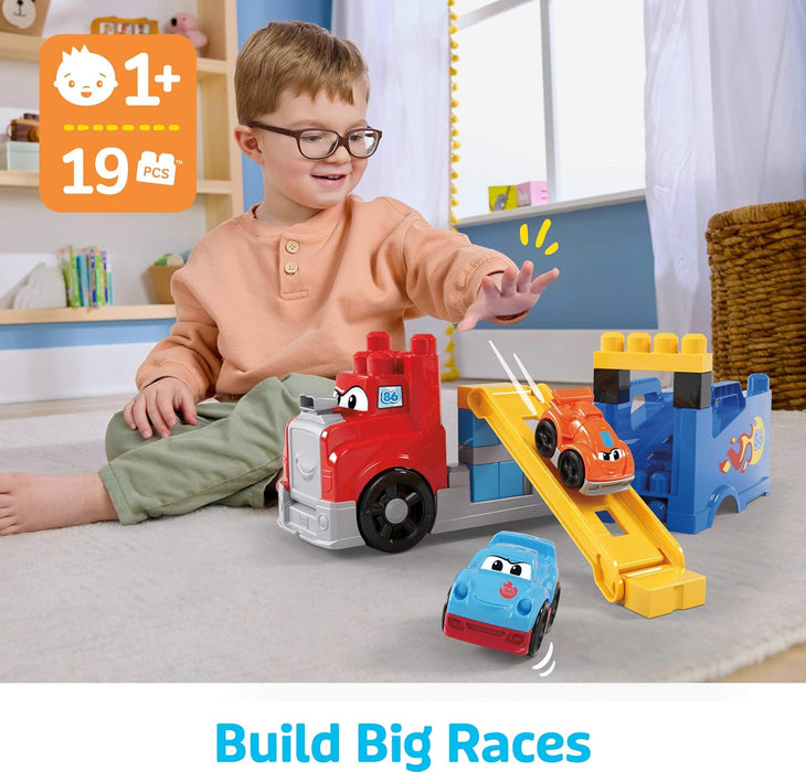 MEGA BLOKS First Builders Toddler Building Blocks Toy Set, Build & Race Rig with 19 Pieces, 2 Race Cars and Storage, Red, Ages 1+ Years, JFR29