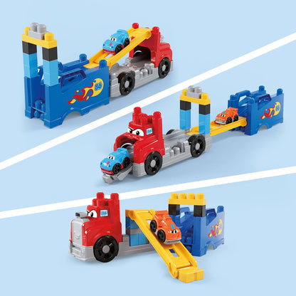 MEGA BLOKS First Builders Toddler Building Blocks Toy Set, Build & Race Rig with 19 Pieces, 2 Race Cars and Storage, Red, Ages 1+ Years, JFR29