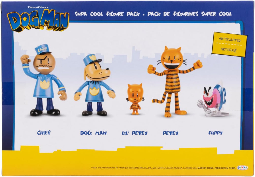 Dog Man Movie Action Figures Multipack Set by Jakks Pacific, Includes 6.3 cm Articulated Scale Figures - Inspired by the Movie Toys, Lil Petey, Petey, Chief, and Flippy!