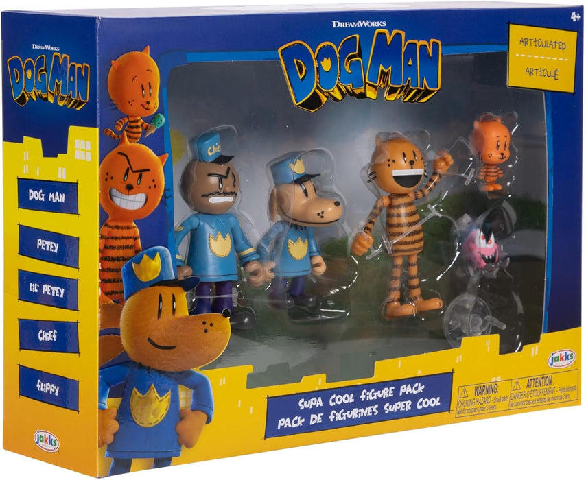 Dog Man Movie Action Figures Multipack Set by Jakks Pacific, Includes 6.3 cm Articulated Scale Figures - Inspired by the Movie Toys, Lil Petey, Petey, Chief, and Flippy!