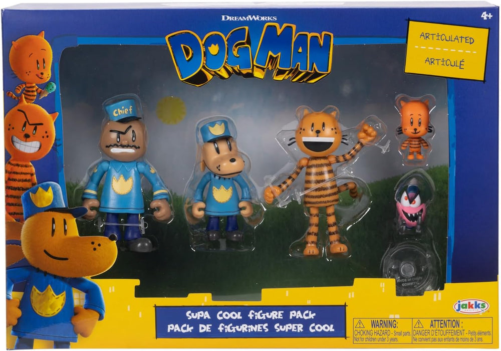 Dog Man Movie Action Figures Multipack Set by Jakks Pacific, Includes 6.3 cm Articulated Scale Figures - Inspired by the Movie Toys, Lil Petey, Petey, Chief, and Flippy!