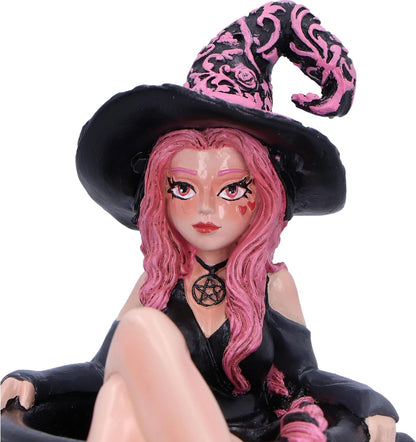 Nemesis Now Baie Rose Sugar and Spice Figurine 14.4cm, Resin, Black/Pink, Pinked Hair Witch Ornament, Long Pink-Haired Witch Cauldron Figurine, Cast in the Finest Resin, Expertly Hand-Painted