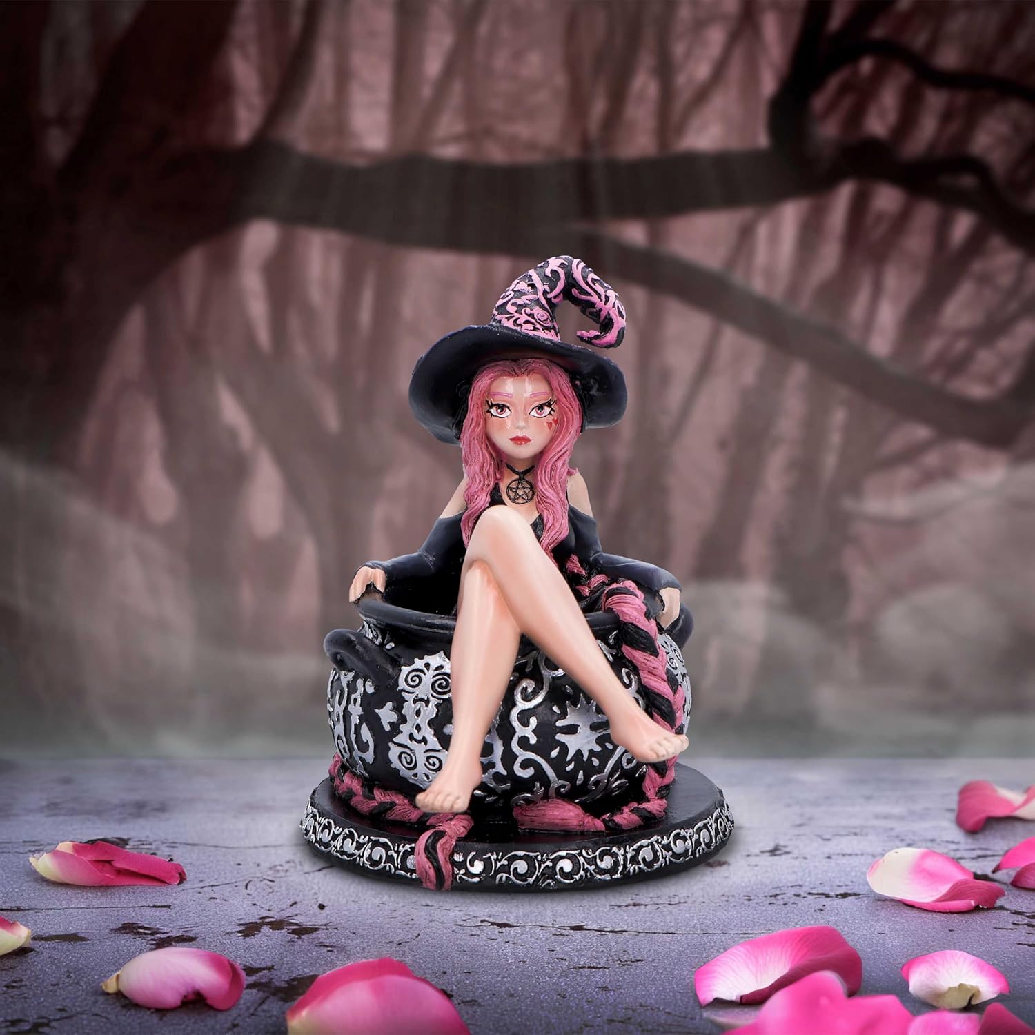 Nemesis Now Baie Rose Sugar and Spice Figurine 14.4cm, Resin, Black/Pink, Pinked Hair Witch Ornament, Long Pink-Haired Witch Cauldron Figurine, Cast in the Finest Resin, Expertly Hand-Painted