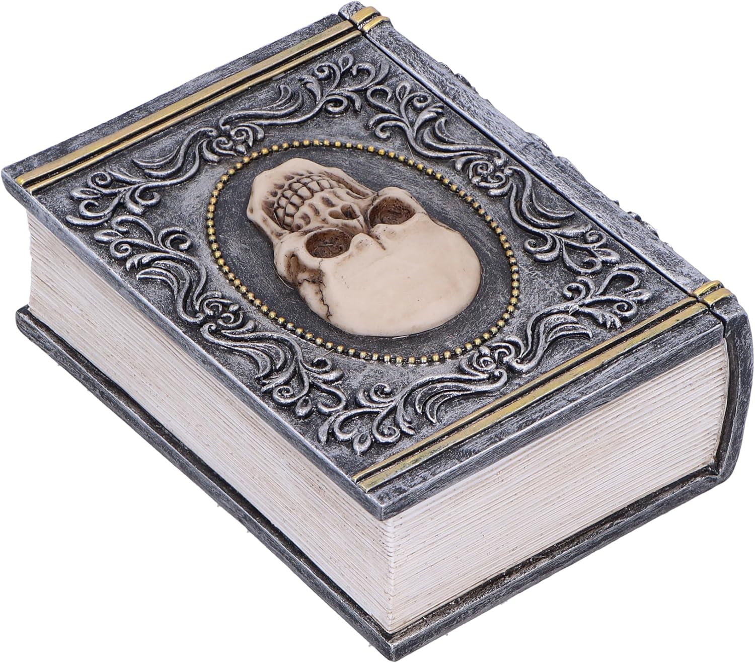 Nemesis Now Grimoire Treasure Box 11cm, Resin, Grey, Skull Book Accessory Box, Horror Gift, Gold Detailing, Removable Lid, Cast in the Finest Resin, Expertly Hand-Painted