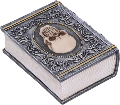 Nemesis Now Grimoire Treasure Box 11cm, Resin, Grey, Skull Book Accessory Box, Horror Gift, Gold Detailing, Removable Lid, Cast in the Finest Resin, Expertly Hand-Painted