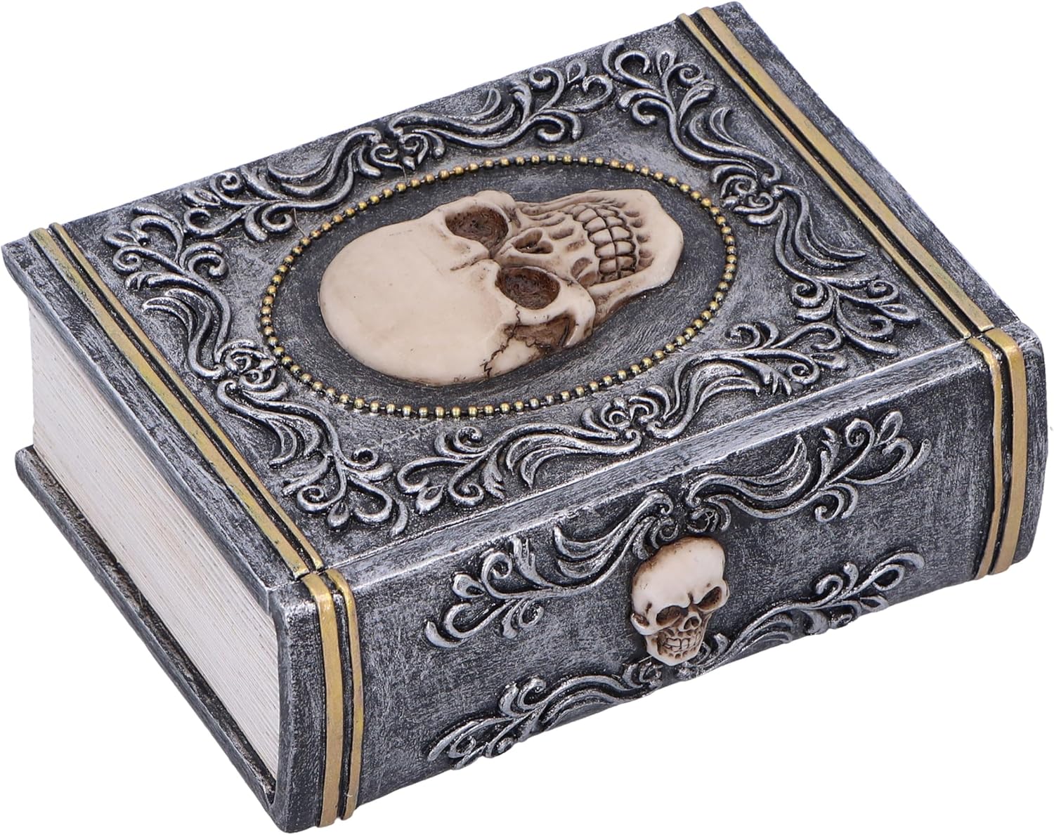 Nemesis Now Grimoire Treasure Box 11cm, Resin, Grey, Skull Book Accessory Box, Horror Gift, Gold Detailing, Removable Lid, Cast in the Finest Resin, Expertly Hand-Painted