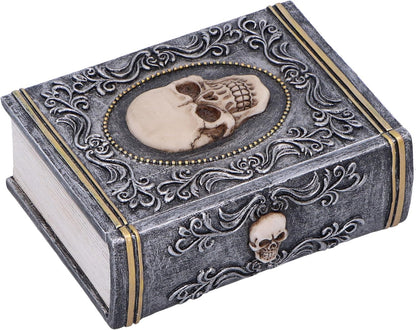 Nemesis Now Grimoire Treasure Box 11cm, Resin, Grey, Skull Book Accessory Box, Horror Gift, Gold Detailing, Removable Lid, Cast in the Finest Resin, Expertly Hand-Painted