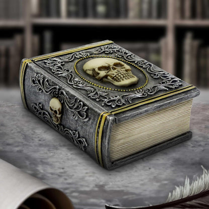 Nemesis Now Grimoire Treasure Box 11cm, Resin, Grey, Skull Book Accessory Box, Horror Gift, Gold Detailing, Removable Lid, Cast in the Finest Resin, Expertly Hand-Painted
