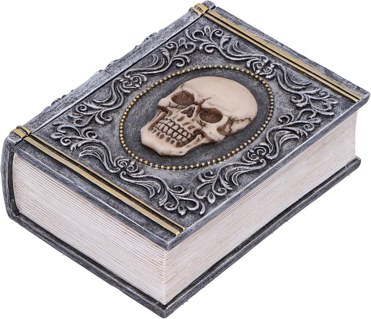 Nemesis Now Grimoire Treasure Box 11cm, Resin, Grey, Skull Book Accessory Box, Horror Gift, Gold Detailing, Removable Lid, Cast in the Finest Resin, Expertly Hand-Painted