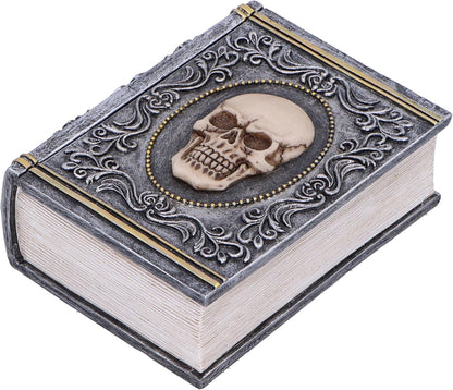 Nemesis Now Grimoire Treasure Box 11cm, Resin, Grey, Skull Book Accessory Box, Horror Gift, Gold Detailing, Removable Lid, Cast in the Finest Resin, Expertly Hand-Painted