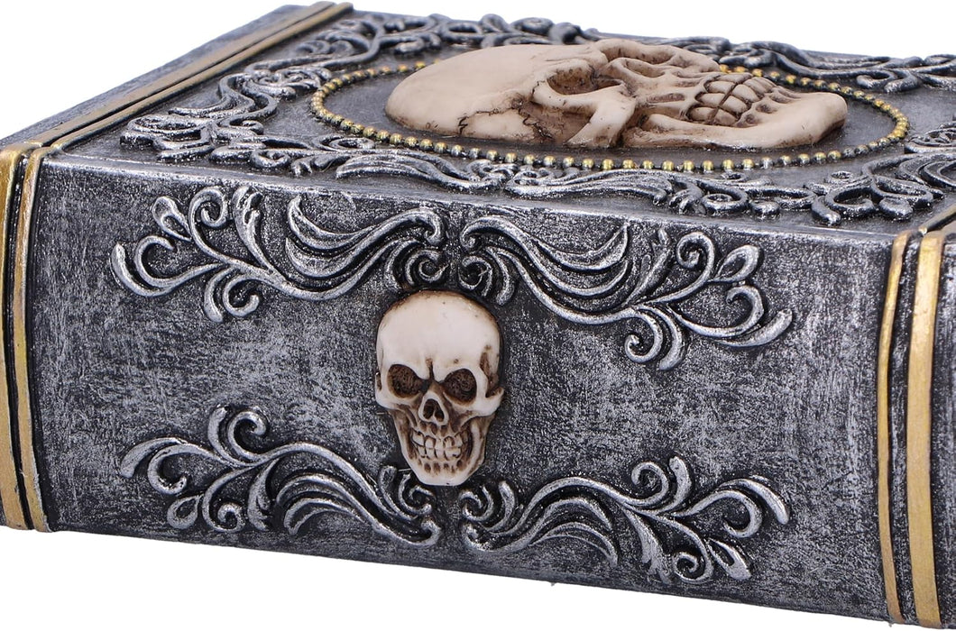 Nemesis Now Grimoire Treasure Box 11cm, Resin, Grey, Skull Book Accessory Box, Horror Gift, Gold Detailing, Removable Lid, Cast in the Finest Resin, Expertly Hand-Painted