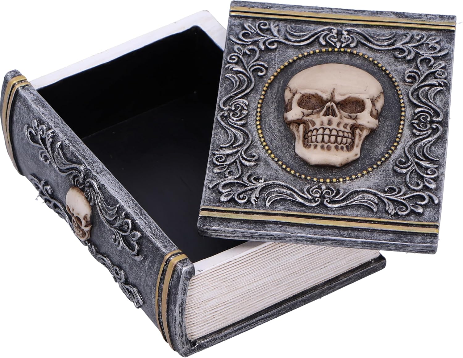 Nemesis Now Grimoire Treasure Box 11cm, Resin, Grey, Skull Book Accessory Box, Horror Gift, Gold Detailing, Removable Lid, Cast in the Finest Resin, Expertly Hand-Painted