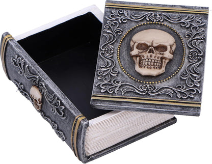 Nemesis Now Grimoire Treasure Box 11cm, Resin, Grey, Skull Book Accessory Box, Horror Gift, Gold Detailing, Removable Lid, Cast in the Finest Resin, Expertly Hand-Painted