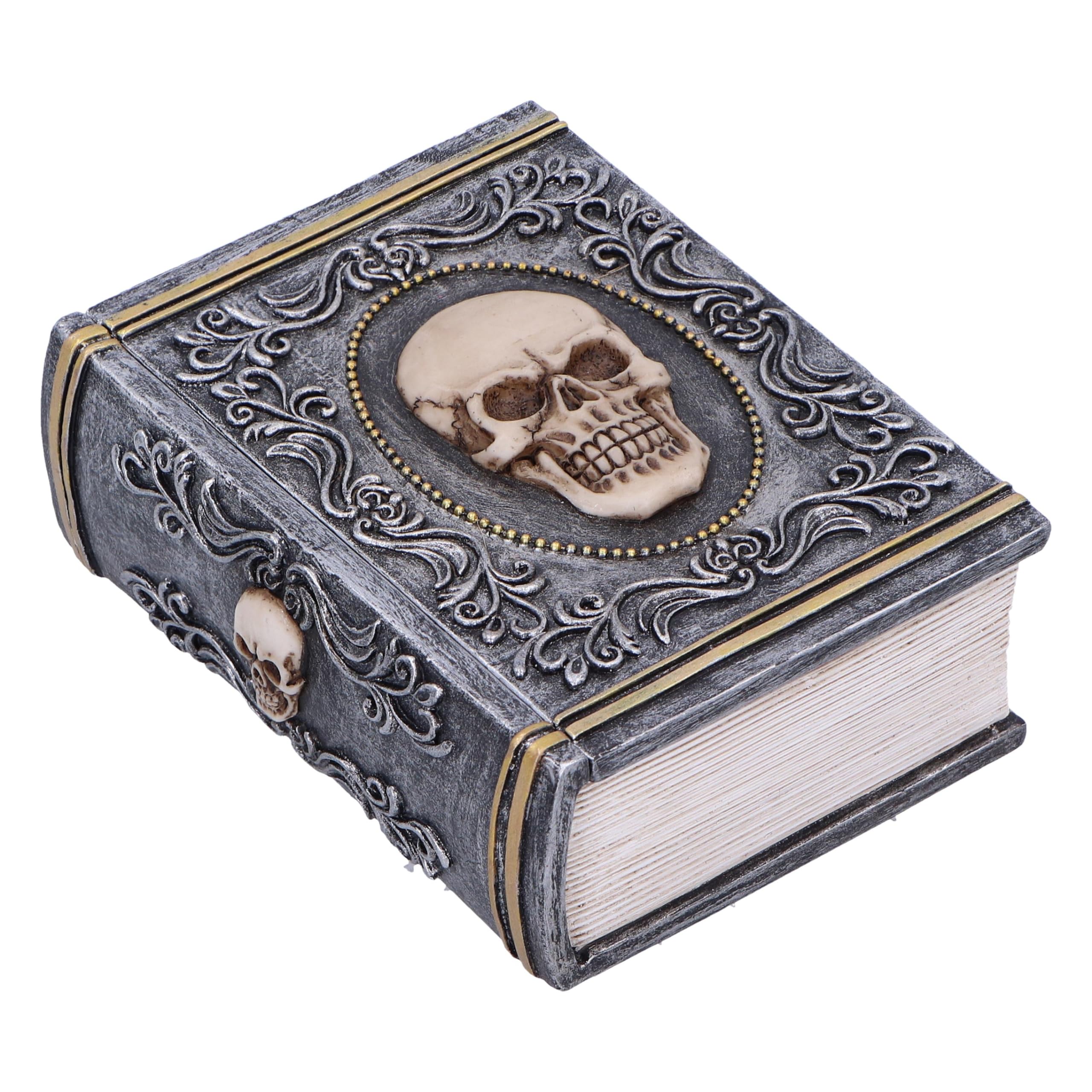 Nemesis Now Grimoire Treasure Box 11cm, Resin, Grey, Skull Book Accessory Box, Horror Gift, Gold Detailing, Removable Lid, Cast in the Finest Resin, Expertly Hand-Painted