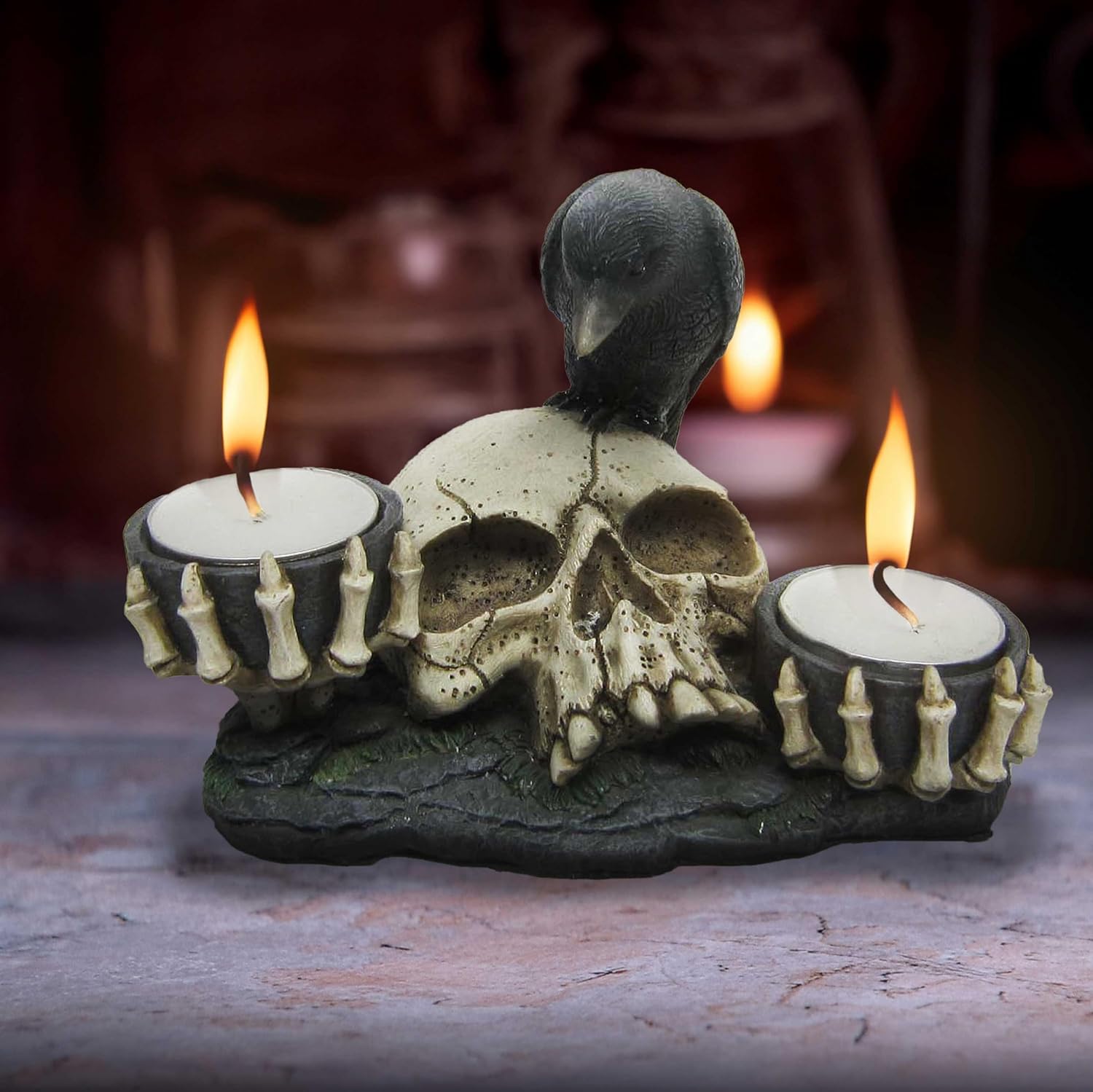 Nevermore Raven And Skull Candle Holder 15Cm