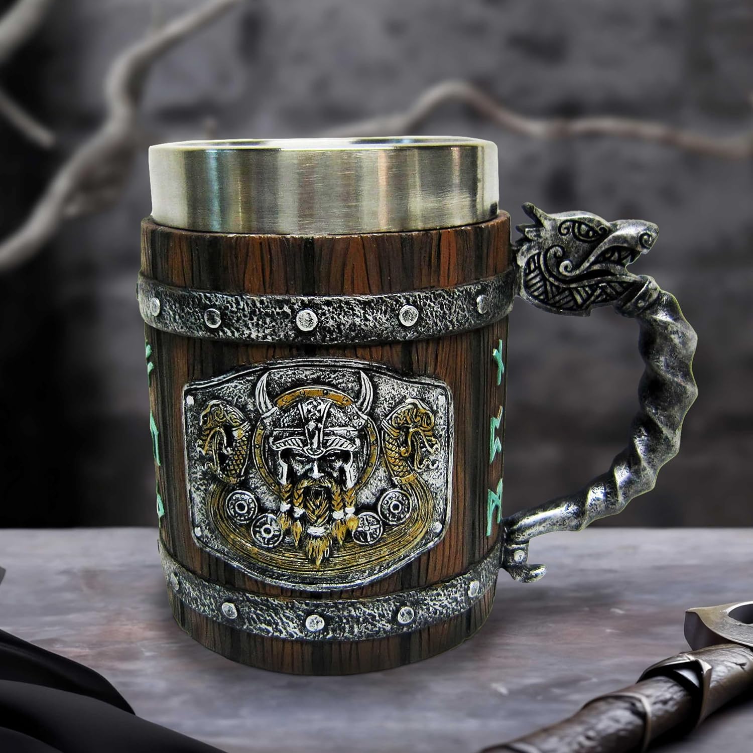 Nemesis Now Norseman Tankard 16cm, Resin, Brown, Viking Tankard, Norse Viking Design Beer Mug, Includes Stainless Steel Insert, Expertly Hand-Painted, Cast in The Finest Resin